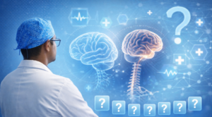 Brain and spine specialist doctor in Haryana reviewing brain and spine illustrations to explain vertigo causes and warning signs