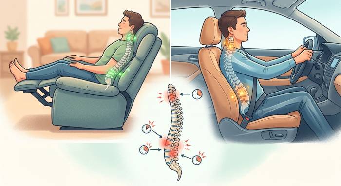 Man checking car seat comfort to avoid back pain on long car journeys