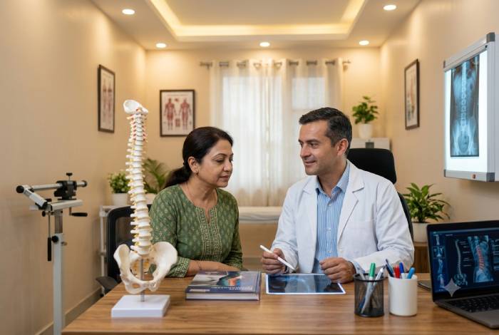 Patient discussing MRI reports with a neurosurgeon before deciding on spine surgery