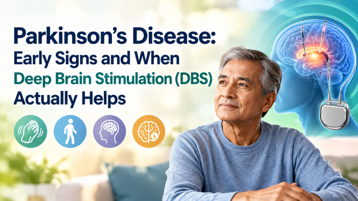 An elderly man alongside an anatomical illustration of a Deep Brain Stimulation (DBS) device implanted in the brain, with icons showing early signs of Parkinson's disease like tremors and movement issues.